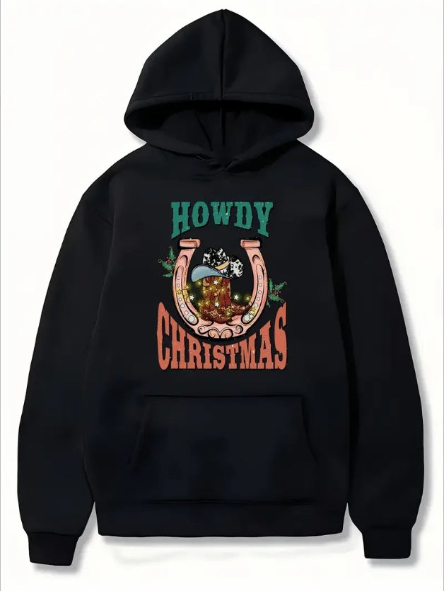 Women'S CasualChristmas Hoodie With Cowboy Hat Horseshoe Howdy Print, Long Sleeve Pullover With Drawstring And Pockets, Regular Fit Knit Fabric Hooded Sweatshirt For Fall Winter