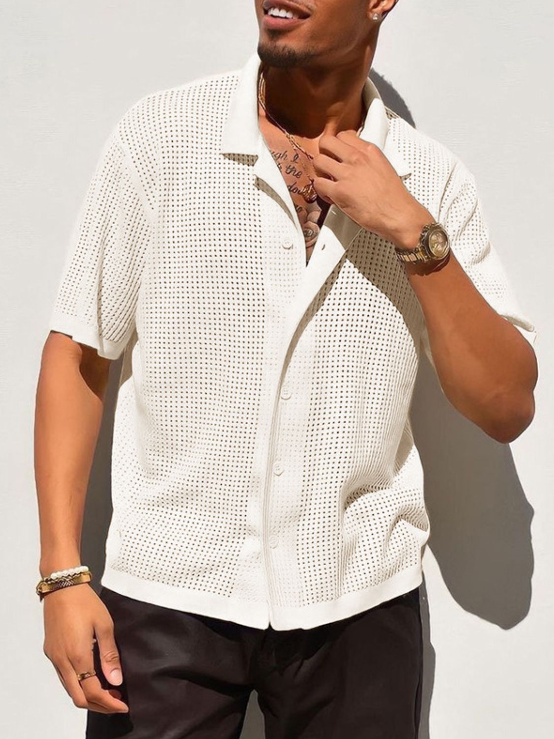 Men's Full Size Openwork Button Down Collared Neck Shirt Plus Size