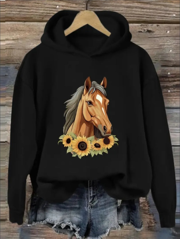 Women'S Fashion Hoodie With Horse And Sunflower Print, Casual Pullover Sweatshirt, Polyester Knit With Ribbed Detail, Animal Portrait Graphic,
