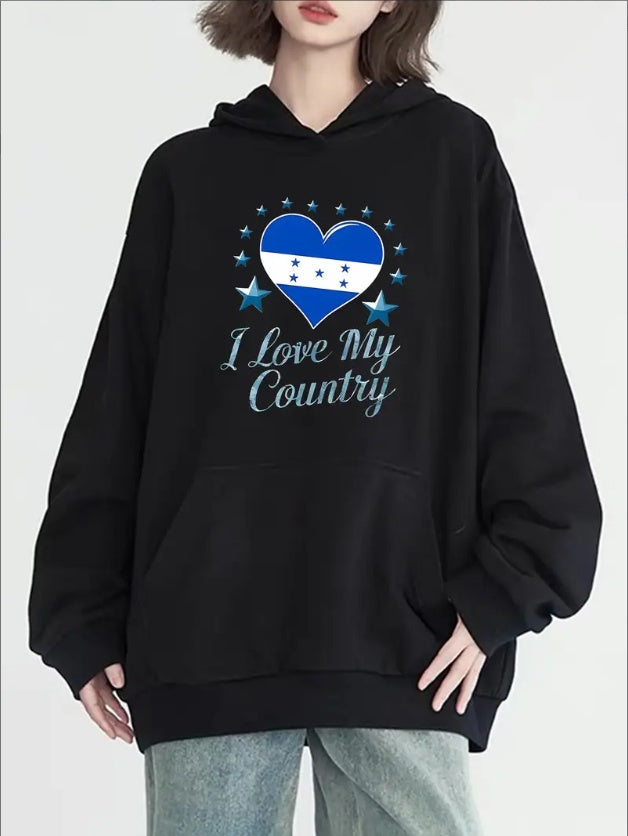 Women's Patriotic 'I Love My Country' Hoodie - Casual Long Sleeve With Pockets, Cozy  Pullover For Fall & Winter