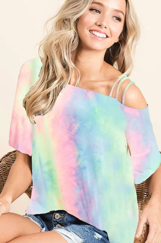 BiBi Tie Dye French Terry Strapped One Shoulder Top