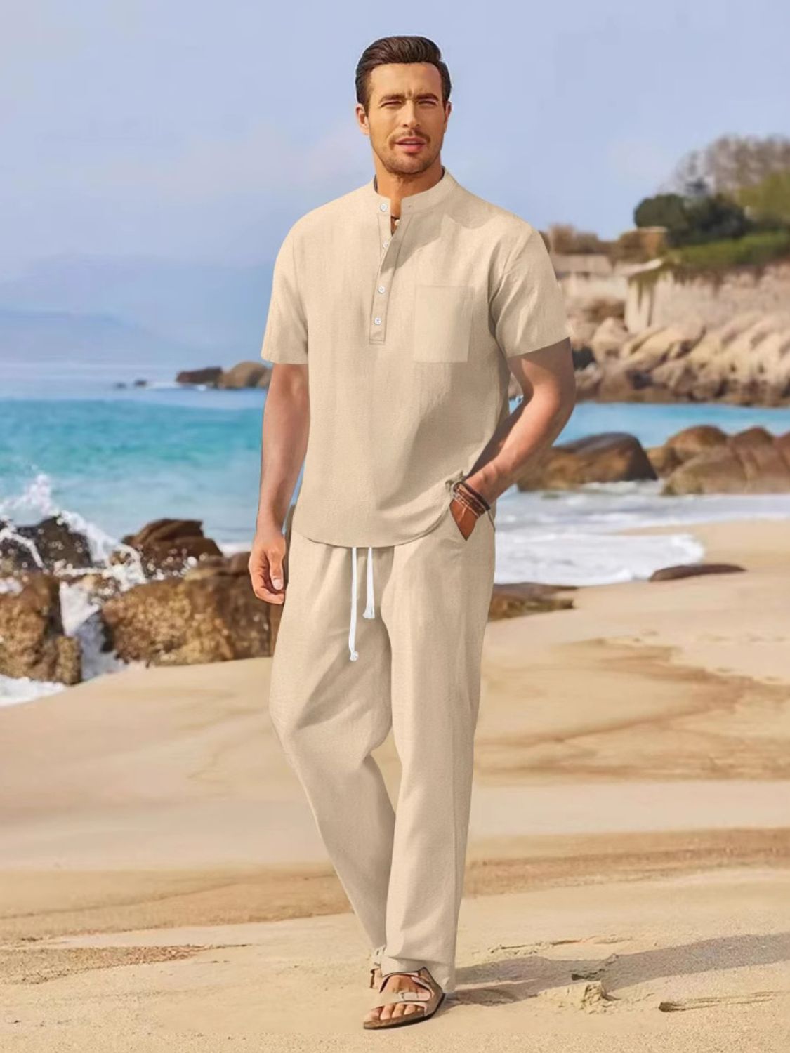 Men's Full Size Half Button Top and Drawstring Pants Set Plus Size