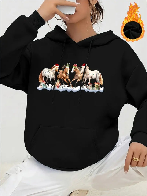 Women'S Casual Christmas Horse Print Hoodie - Polyester Knit Fabric, Long Sleeve Pullover With Drawstring, Regular Fit Hooded Sweatshirt