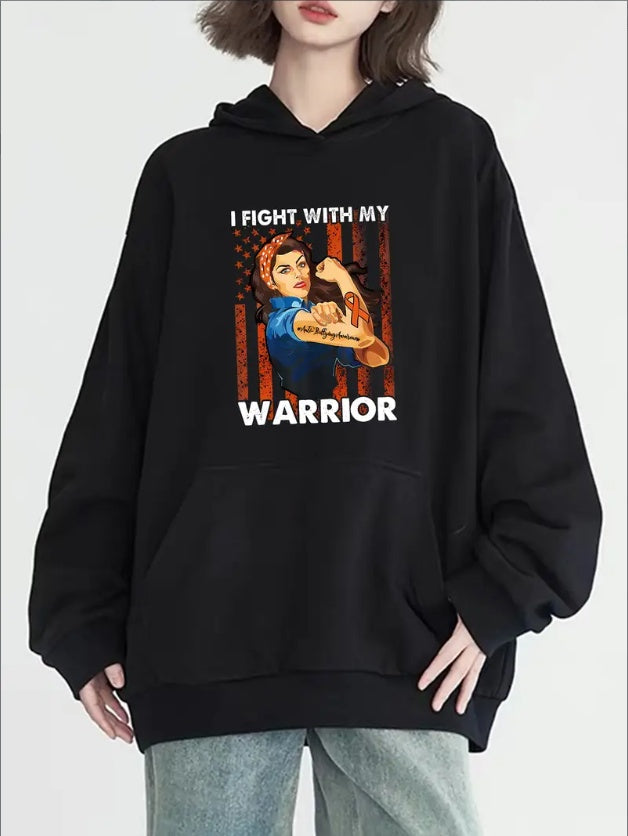 Fight With My Warrior Graphic Hoodie - Women's Fashion, Long Sleeves, Round Neck, Pockets, Casual Pullover, Fall Winter Essentials