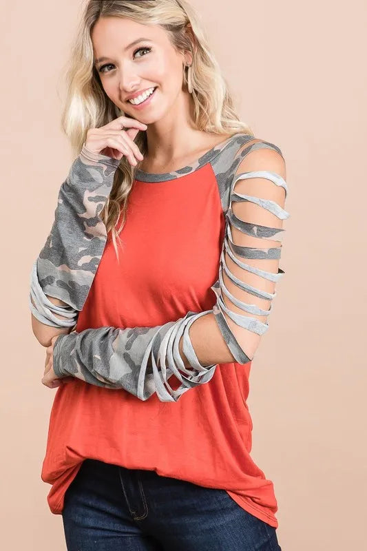 BiBi Jersey Knit Top with Camouflage Laser Cut Sleeves