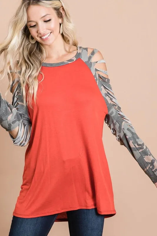 BiBi Jersey Knit Top with Camouflage Laser Cut Sleeves