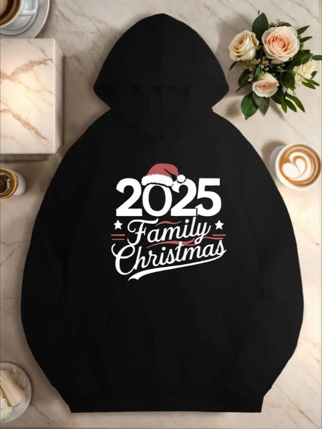Plus Size Casual Christmas Hoodie For Women,Geometric Pattern, Fall Winter Hooded Sweatshirt With PocketWith 2025 Family Christmas Illustration For Women