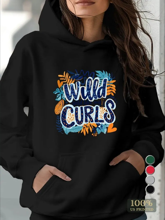 Wild Like My CURLS Print Kangaroo Pocket Hoodie, Casual Long Sleeve Hooded Sweatshirt, Women's Clothing