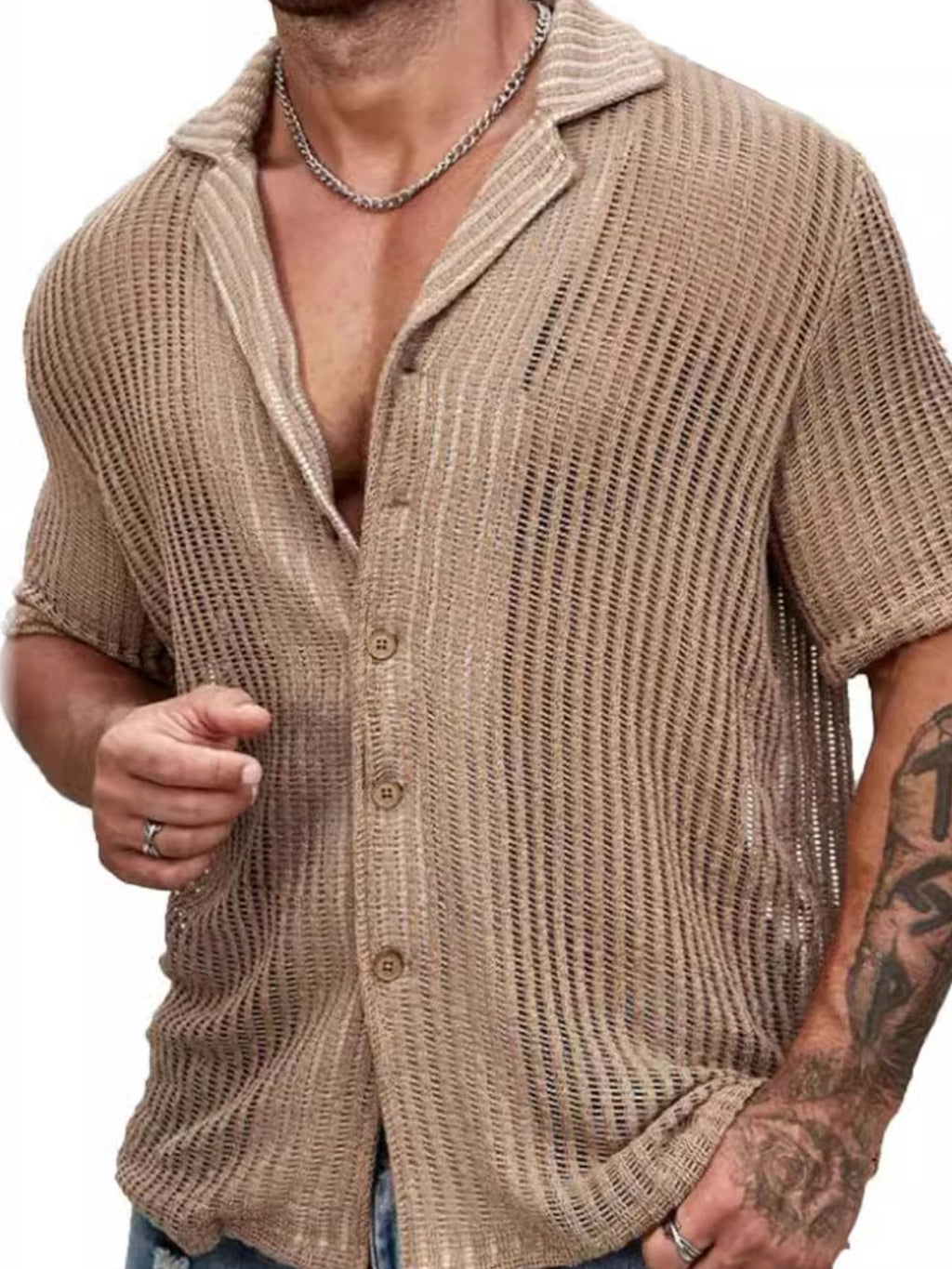 Men's Full Size Openwork Button Down Short Sleeve Shirt Plus Size