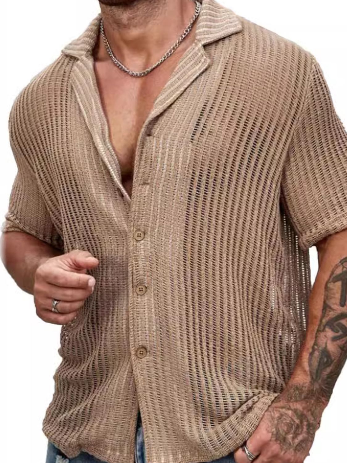 Men's Full Size Openwork Button Down Short Sleeve Shirt Plus Size