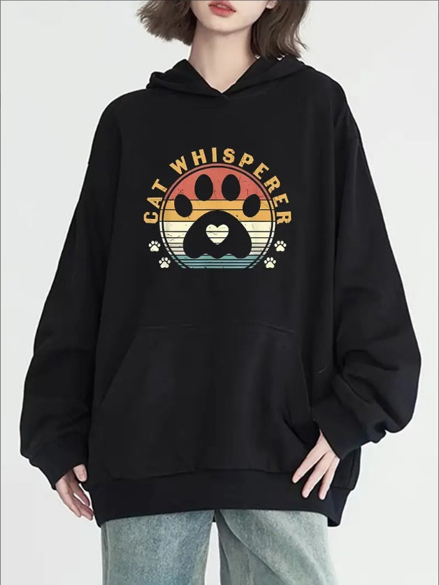 Cat Whisperer Graphic Print Hoodie For Women - Casual  Hooded Sweatshirt With Pocket, Long Sleeve - Versatile Fashion Pullover For All Seasons