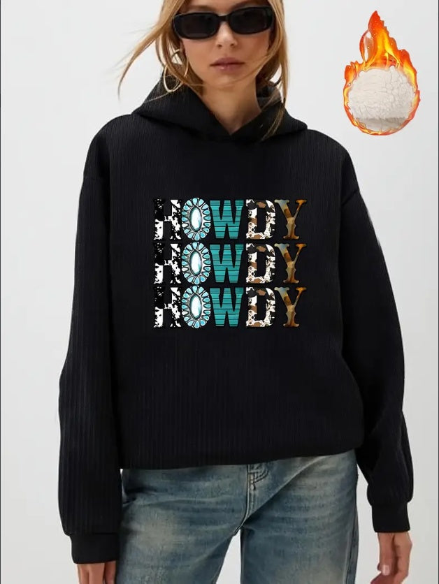 Women'S Fall Winter Fleece-Lined Hoodie, Casual Polyester Knit With Elastane, Alphabet & Animal Patterns, Hooded Collar Sweatshirt