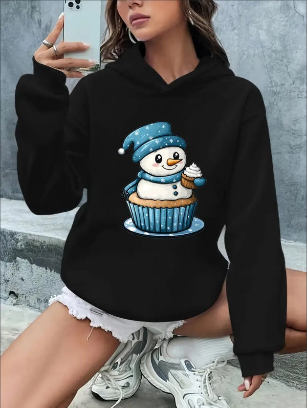Women'S Casual Polyester Hoodie With Cartoon Snowman & Cupcake Print, Rib-Knit Hooded Sweatshirt, Festive Animal & Alphabet Patterns, Drawstring Closure