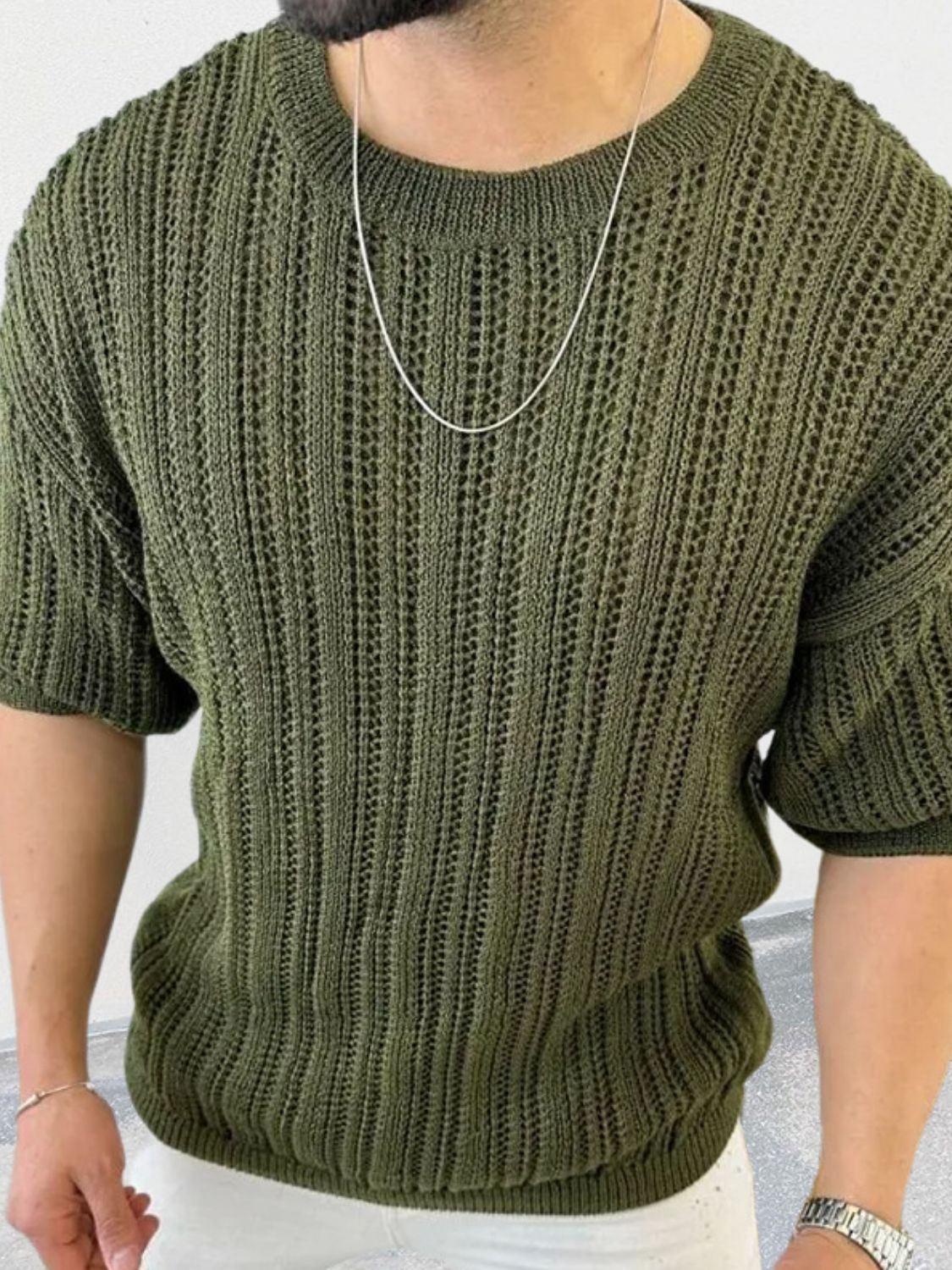 Men's Openwork Round Neck Knit T-Shirt