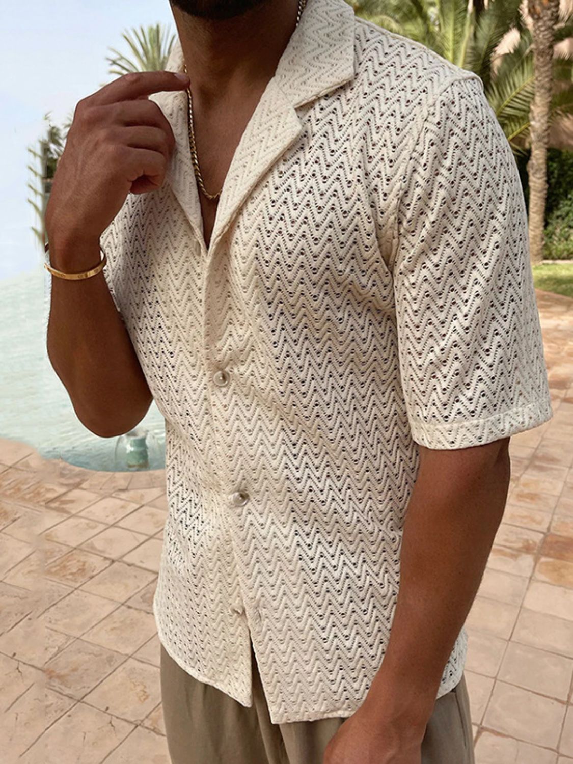 Men's Plus Size Herringbone Eyelet Button Down Knit Shirt