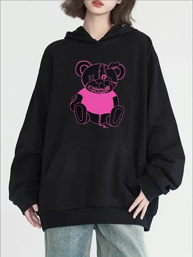 Women's Casual Hoodie With Pink Teddy Bear Print -  Long Sleeve Pullover With Hood And Pocket - Solid Color - Versatile Fashion For All Seasons
