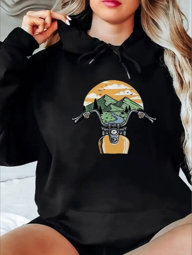 Women's Cozy  Hoodie With Motorcycle & Mountain Print - Casual Pullover Sweatshirt, Classic Design