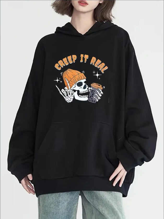 Skull Print Kangaroo Pocket Hoodie, Casual Long Sleeve Hoodies Sweatshirt, Women's Clothing