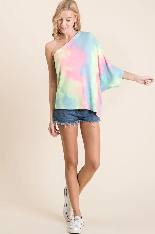 BiBi Tie Dye French Terry One Shoulder Top with Dolman