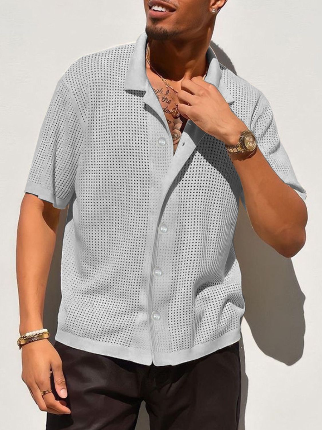 Men's Full Size Openwork Button Down Collared Neck Shirt Plus Size