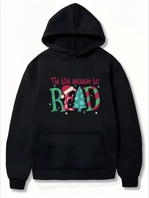 Women'S Christmas Themed Hoodie , Long Sleeve, Regular Fit,  Pullover With Pocket Detail, Fall Winter Casual Hooded Sweatshirt With Tis The Season To Read Print