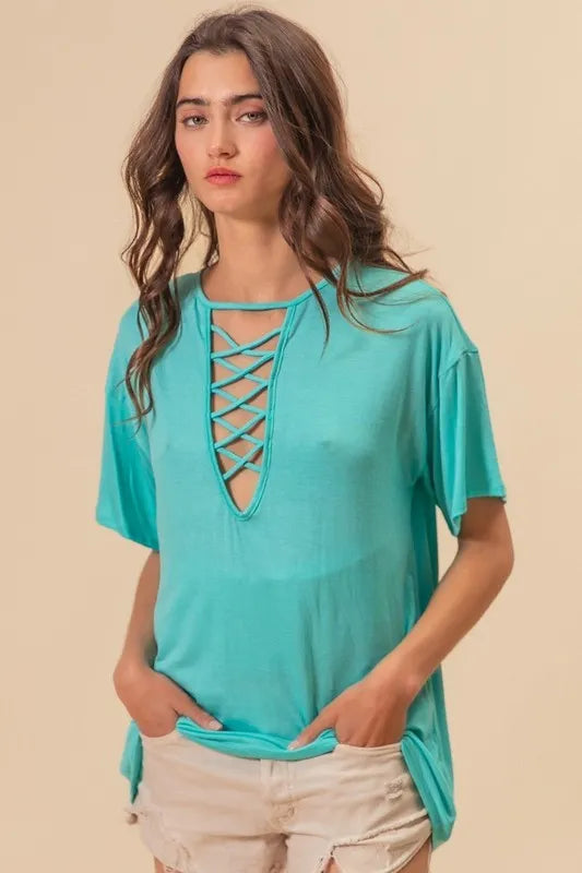 BiBi Jersey Knit Top with Criss Cross Front Neck Detail