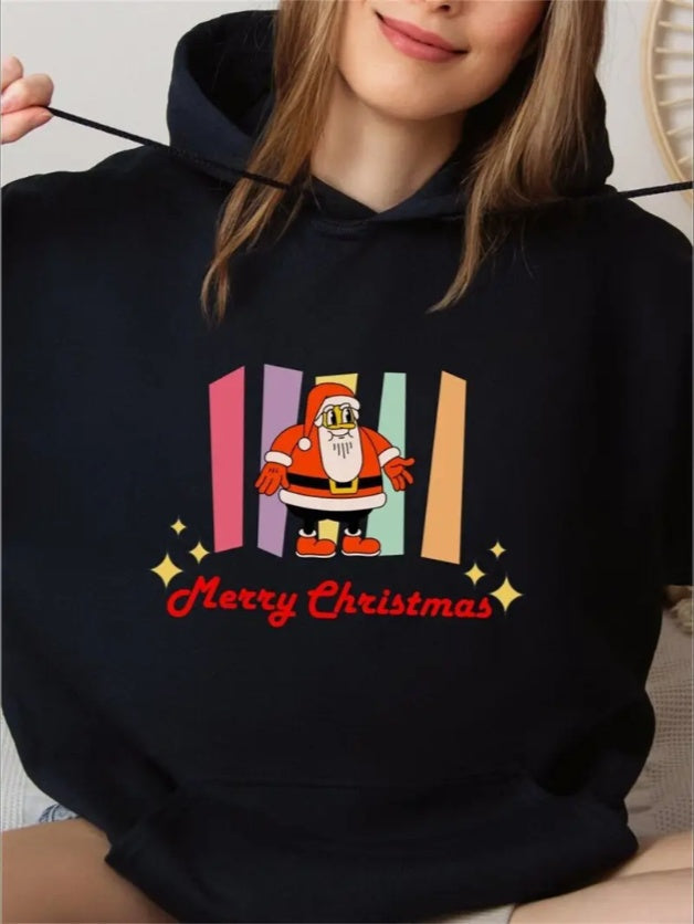 Chic Women'S Hoodie With Santa Claus Print - Long Sleeve, Hooded, Kangaroo Pocket, Drawstring, Blend, Regular Fit, Pullover Style, Geometric & Alphabet Patterns, Casual All-Season Sweatsh