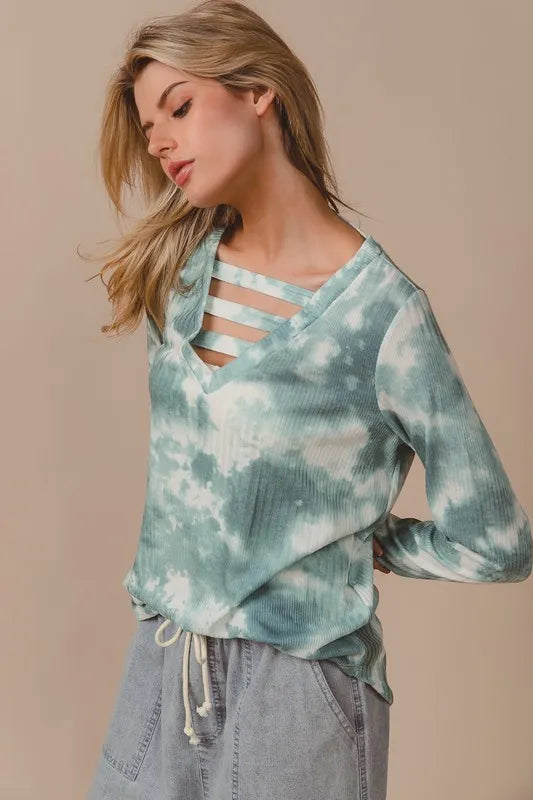 BiBi Variegated Tie Dye Rib V-Neck Top with Strapped