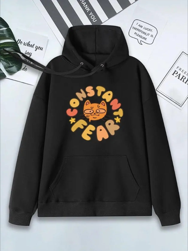 Oversized Hoodie For Women Front Print Constant Fear  Sweatshirt Kangaroo Pocket Print Lightweight Trendy For Autumn Winter Casual Sweatshirt