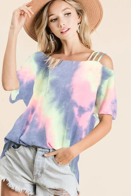 BiBi Tie Dye French Terry Strapped One Shoulder Top
