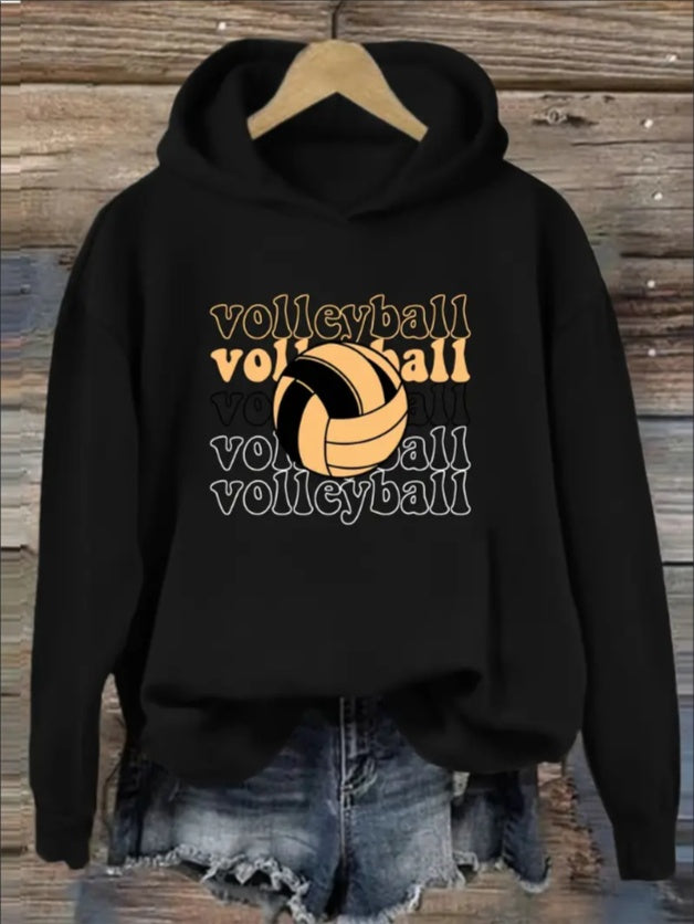 Women's Casual Hoodie With Volleyball Lettering And Graphic Print,  Sweatshirt With Ribbed Hood And Hem, Unisex Fall Winter Sports Hoodie