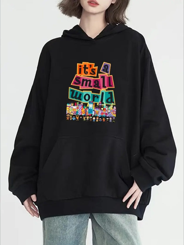Letter Print Casual Hooded Sweatshirt, Long Sleeves Kangaroo Pocket Drawstring Hoodie, Women's Clothing