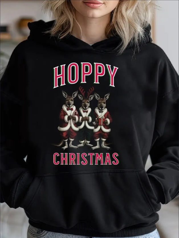 Women'S Hoppy Christmas Kangaroo Print Hoodie - Casual Long Sleeve Pullover With Hood For Fall Winter - Festive Drawing Pattern Hooded Sweatshirt