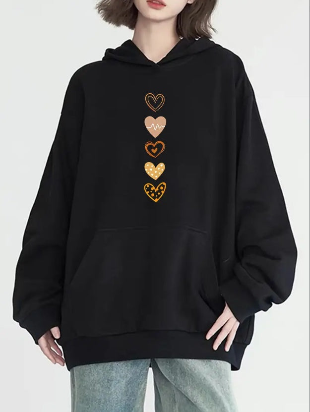 Women's Fashion Vertical Heart Print Hoodie, Long Sleeve, Round Neck, With Pocket, Casual Pullover Sweatshirt, Versatile For Fall And Winter, Casual Style, All Seasons, Hood