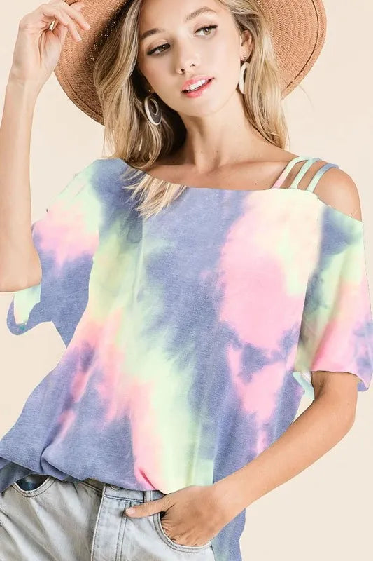 BiBi Tie Dye French Terry Strapped One Shoulder Top