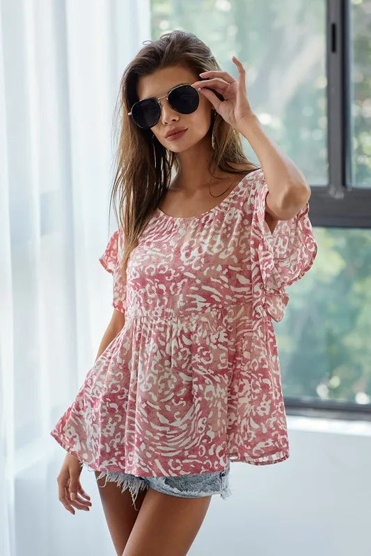 BiBi Leopard Print Gauze Woven Flutter Sleeve Blouse
