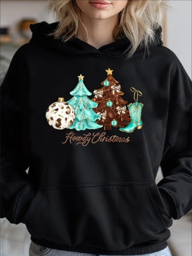Western Christmas Casual Hoodie For Women, Long Sleeve Pullover With Cowboy Boots And Trees Graphic, Hooded Collar, Fall Winter Sports Sweatshirt