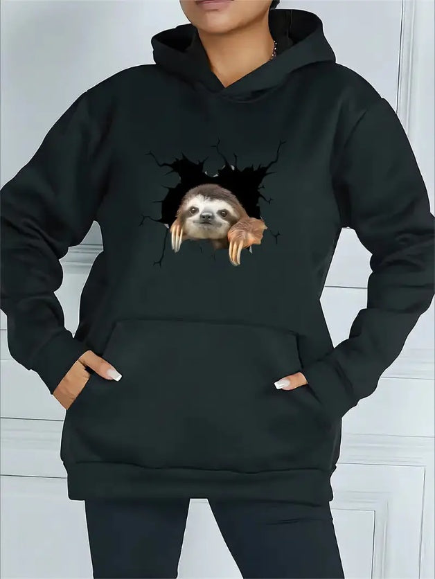 Cartoon Sloth Pattern Long Sleeve Casual Hoodie, Women's Front Kangaroo Pocket Hooded Sweatshirt For Fall & Winter