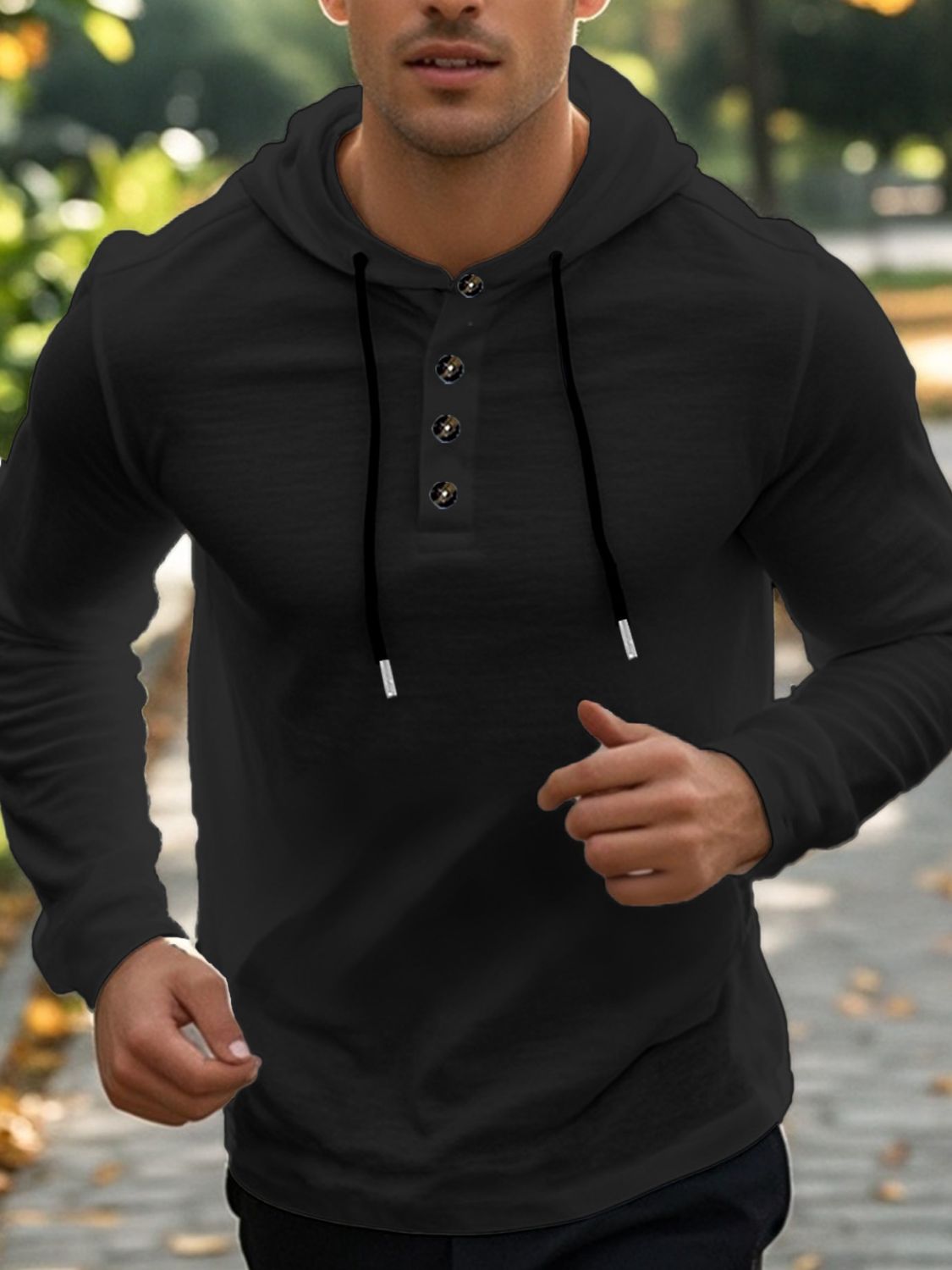 Men's Full Size Drawstring Button Detail Long Sleeve Hoodie Plus Size