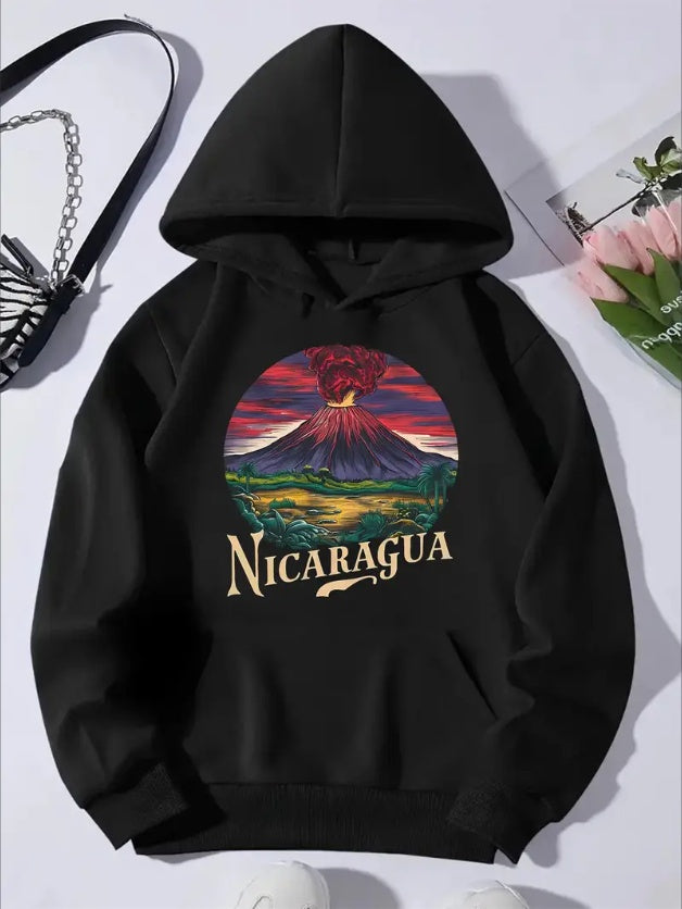 Nicaragua Flag Graphic Kangaroo Pocket Hoodie Casual Long Sleeve Hooded Sweatshirt Women Tops