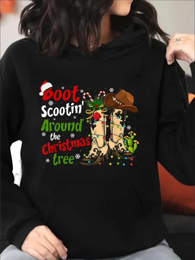 Women Christmas Cowboy Boots Print Hoodie Long Sleeve Pullover Sweatshirt With Pockets, Machine Washable - Suitable For Spring, Autumn And Winter,