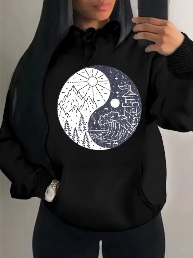 Women's Casual Hoodie With Mountain Print - Cozy Fleece-Lined Pullover, Long Sleeve, Drawstring Hood & Kangaroo Pocket For Fall Winter