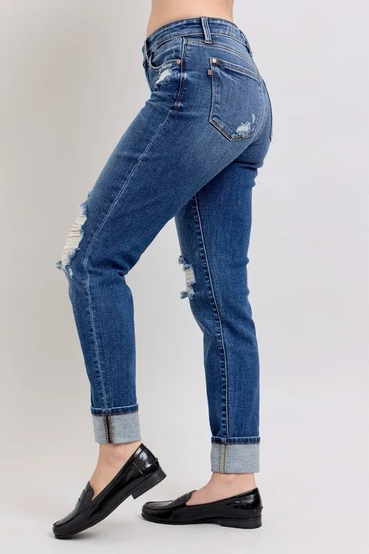 Judy Blue Full Size Mid Rise Boyfriend destroy Jeans with Yoke Pockets and Faux Selvedge Cuff Plus Size