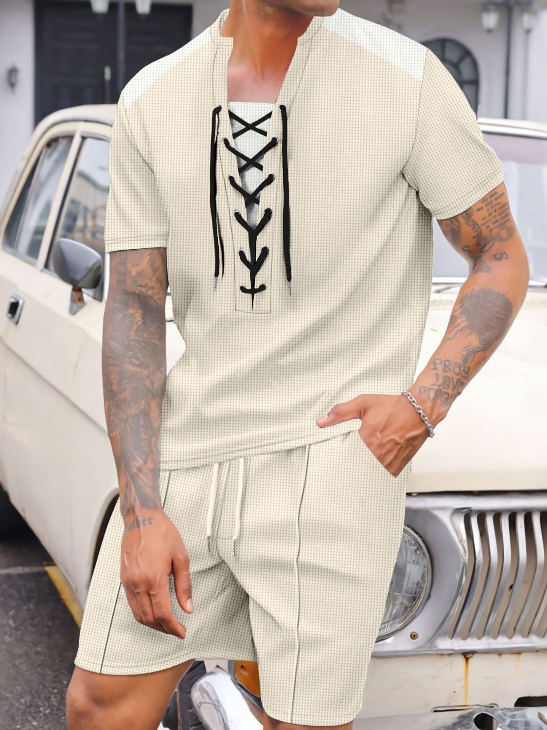 Men's Full Size Lace-Up Waffle Knit Top and Shorts Set Plus Size