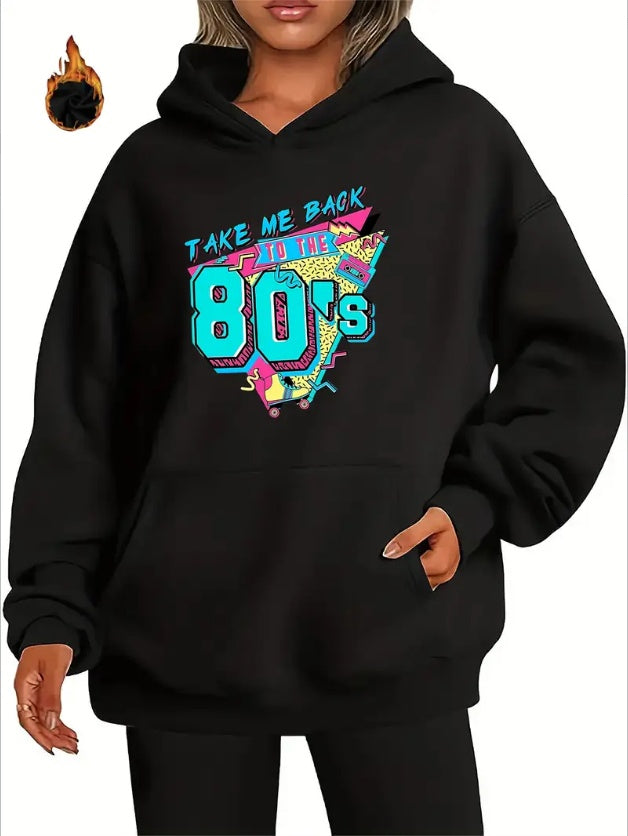 Retro 80s Graphic Hoodie With Kangaroo Pocket - Casual Long Sleeve Pullover For Women, Machine Washable