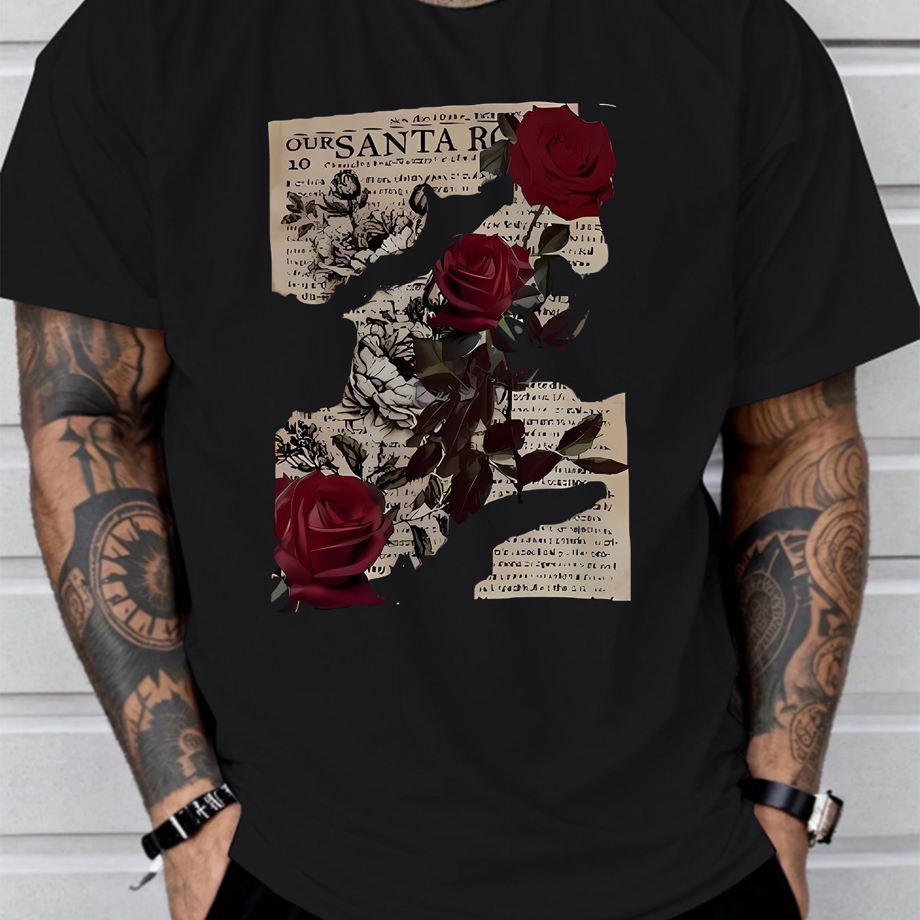 Rose Print Comfortable Soft T-shirt, Men's T-shirt, Summer Casual Short Sleeved T-shirt