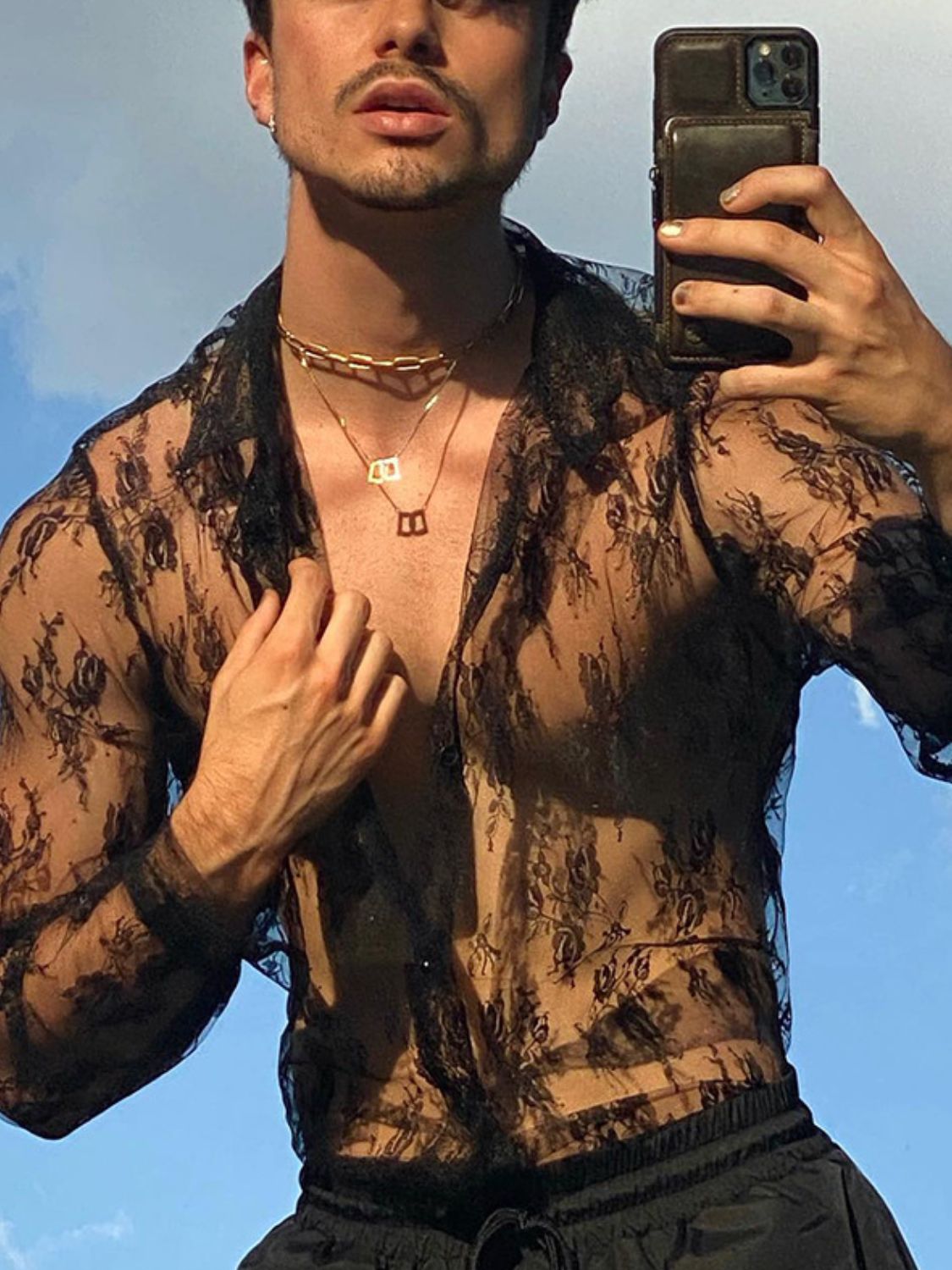 Men's Full Size Lace Long Sleeve Sheer Shirt Plus Size