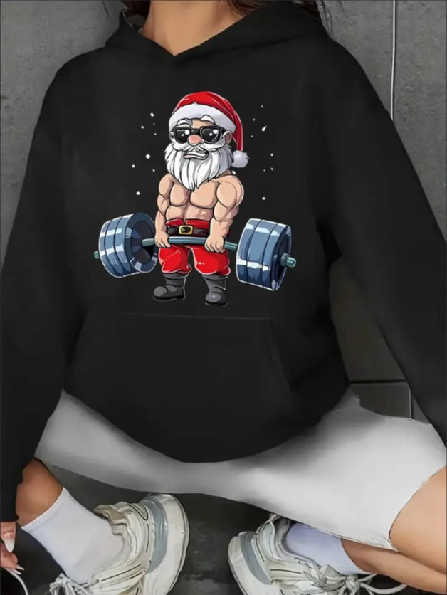 Christmas Santa Claus Weightlifting Graphic Hoodie, Casual Long Sleeve Hooded Sweatshirt With Kangaroo Pocket, For Women, All-Season Active Pullover
