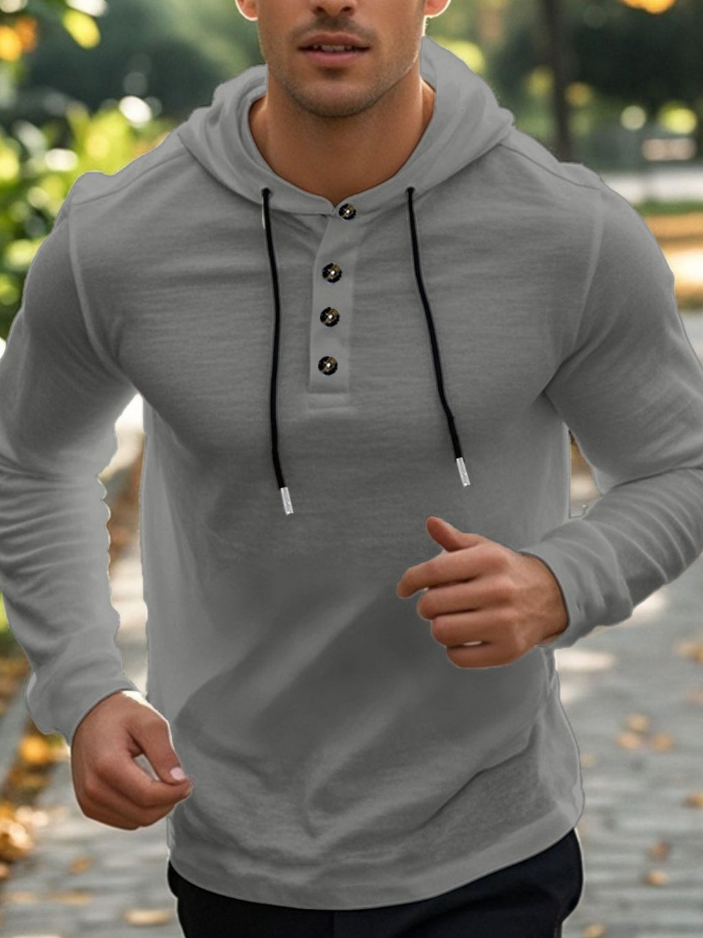 Men's Full Size Drawstring Button Detail Long Sleeve Hoodie Plus Size