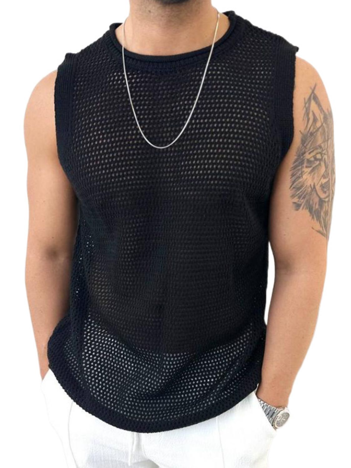 Men's Openwork Round Neck Sleeveless Knit Top